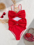 Solid Color Strap Double Bow One-Piece Swimsuit Women's Sexy Hollow Out Swimwear