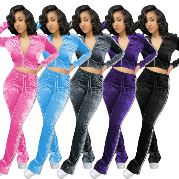 Women's Solid Velvet Casual Zip Top Wide Leg Pants Two Piece Tracksuit