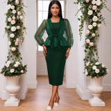 Mesh See-Through Bowknot Coat Slim Fit Bodycon Party Dress Two-Piece Set