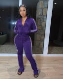 Women's Solid Velvet Casual Zip Top Wide Leg Pants Two Piece Tracksuit