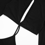 Women's Sexy Hollow Out Round Neck Long Sleeve Open Waist Slim Maxi Dress