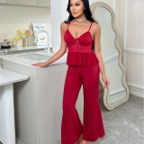 Strap Pajama Pants Set V-Neck Lace Sexy Loungewear Set