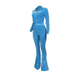 Women's Solid Velvet Casual Zip Top Wide Leg Pants Two Piece Tracksuit