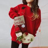 Loose Christmas Sweater Oversized Christmas Stocking Snowman Pocket Decorated Red New Year Sweater for Women