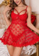 Christmas Mesh Heart Print V-Neck Lace Trim Sexy Strap Dress Lingerie Set
