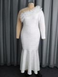 Fashion Elegant One-Shoulder Long Sleeve Dress Ruffled Slim Mermaid Evening Gown