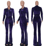 Women's Solid Velvet Casual Zip Top Wide Leg Pants Two Piece Tracksuit
