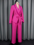 V-Neck Beaded Slim Waist Long Sleeve Blazer & High-Waist Straight Pants Two-Piece Set