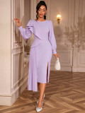 Round Neck Elegant Lantern Sleeve Party Dress Irregular Ruffled Pleated Slim Split Evening Gown