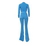 Women's Solid Velvet Casual Zip Top Wide Leg Pants Two Piece Tracksuit