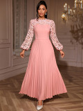 Elegant Lace Lantern Long Sleeve Hollow Out Slim Waist Pleated A-Line Party Maxi Dress