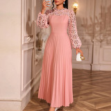 Elegant Lace Lantern Long Sleeve Hollow Out Slim Waist Pleated A-Line Party Maxi Dress