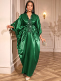 V-Neck Patchwork Sequin Bat Sleeve Gown Pleated Slim Waist Loose African Formal Party Evening Dress
