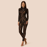 Autumn Sexy Lace See-Through Tight Fitting Long Sleeve Zipper Jumpsuit