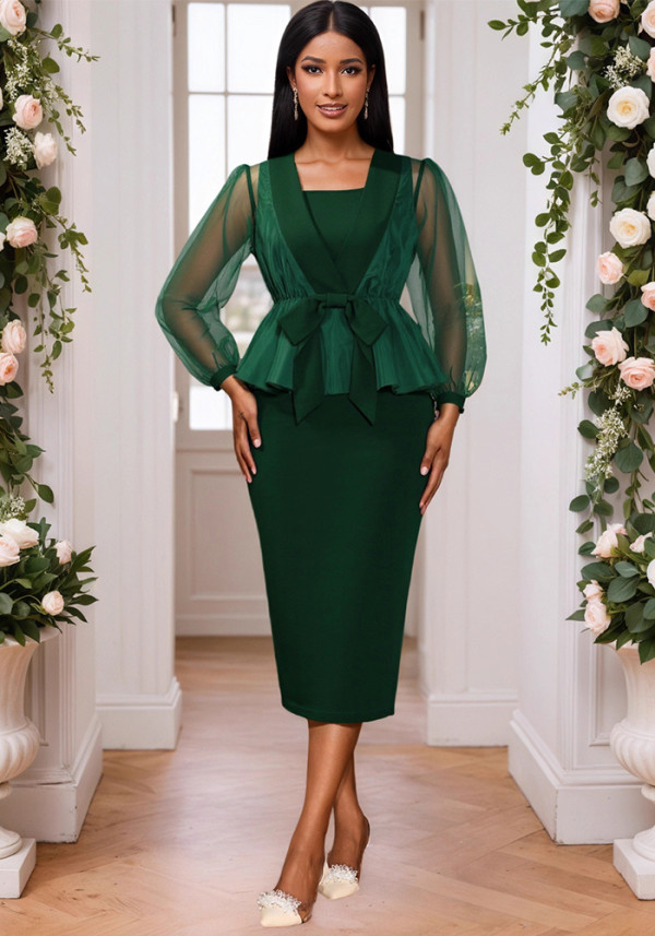 Mesh See-Through Bowknot Coat Slim Fit Bodycon Party Dress Two-Piece Set