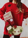 Loose Christmas Sweater Oversized Christmas Stocking Snowman Pocket Decorated Red New Year Sweater for Women