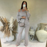 Women's Autumn & Winter Solid Color Casual Slash Shoulder One-Shoulder Lantern Long Sleeve Bell Bottom Pants Set