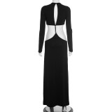Women's Sexy Hollow Out Round Neck Long Sleeve Open Waist Slim Maxi Dress