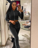 Women's Solid Velvet Casual Zip Top Wide Leg Pants Two Piece Tracksuit