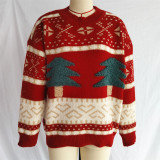 Women's Casual Round Neck Knitted Christmas Cartoon Jacquard Holiday New Year Sweater