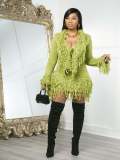 Autumn & Winter Knitted Crochet Fringe Lace-Up Long Sleeve Bodycon Skirt Set