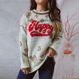 Autumn & Winter Round Neck Long Sleeve Color Block Letter Snowflake Christmas Knitted Pullover Sweater