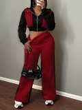 Autumn Winter Color Block Hooded Hoodie with Straight Leg Pants Trendy Women Two-Piece Set