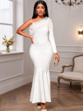 Fashion Elegant One-Shoulder Long Sleeve Dress Ruffled Slim Mermaid Evening Gown