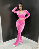 Women's Solid Velvet Casual Zip Top Wide Leg Pants Two Piece Tracksuit