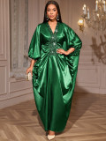 V-Neck Patchwork Sequin Bat Sleeve Gown Pleated Slim Waist Loose African Formal Party Evening Dress