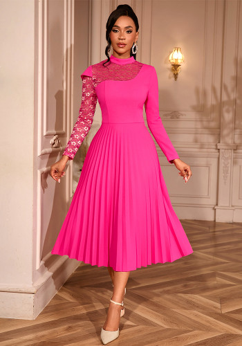 Elegant Lace Patchwork Mock Neck Long Sleeve Slim Waist Pleated A-Line Party Evening Dress