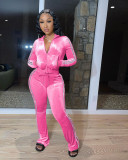 Women's Solid Velvet Casual Zip Top Wide Leg Pants Two Piece Tracksuit