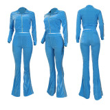 Women's Solid Velvet Casual Zip Top Wide Leg Pants Two Piece Tracksuit