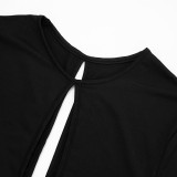 Women's Sexy Hollow Out Round Neck Long Sleeve Open Waist Slim Maxi Dress