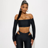 Women's Autumn Off-Shoulder Crop Top & High-Waist Hollow Out Pants Set