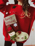 Loose Christmas Sweater Oversized Christmas Stocking Snowman Pocket Decorated Red New Year Sweater for Women