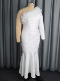 Fashion Elegant One-Shoulder Long Sleeve Dress Ruffled Slim Mermaid Evening Gown
