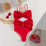 Solid Color Strap Double Bow One-Piece Swimsuit Women's Sexy Hollow Out Swimwear