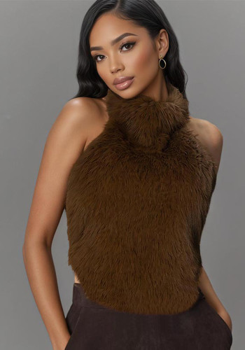 Women's Winter Sexy Shiny Fuzzy High Neck Halter Neck Low Back Crop Top