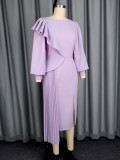 Round Neck Elegant Lantern Sleeve Party Dress Irregular Ruffled Pleated Slim Split Evening Gown