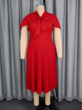 Plus Size Red Stand Collar Bow Cape Short Sleeve Pleated Dress Chic Elegant Wedding Evening Gown
