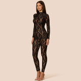 Autumn Sexy Lace See-Through Tight Fitting Long Sleeve Zipper Jumpsuit