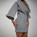 Women's Autumn & Winter Solid Color Casual Loose Cowl Neck Knitted Mid-Long Sleeve Dress