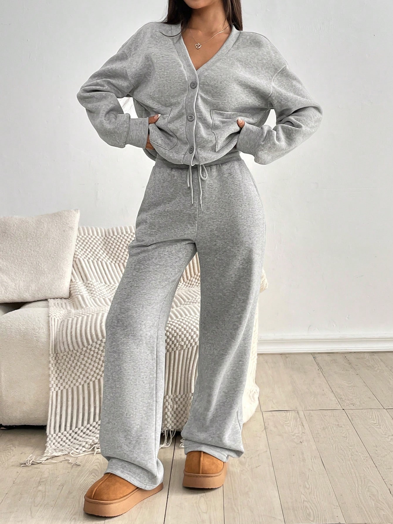 Women's Autumn & Winter Button Coat & Wide-Leg Pants Casual Set