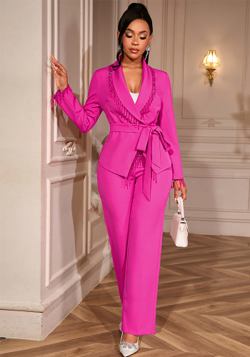 V-Neck Beaded Slim Waist Long Sleeve Blazer & High-Waist Straight Pants Two-Piece Set