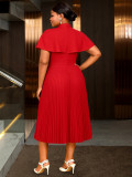 Plus Size Red Stand Collar Bow Cape Short Sleeve Pleated Dress Chic Elegant Wedding Evening Gown