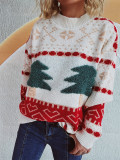 Women's Casual Round Neck Knitted Christmas Cartoon Jacquard Holiday New Year Sweater