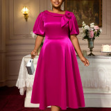 Plus Size Women's Rose Satin Puff Sleeve Dress Flower Elegant A-Line Party Evening Gown