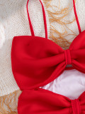 Solid Color Strap Double Bow One-Piece Swimsuit Women's Sexy Hollow Out Swimwear