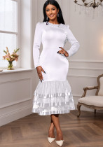 Elegant Pearl Round Neck Long Sleeve Slim Waist Mesh Hem Party Mermaid Dress Elegant Pearl Round Neck Long Sleeve Slim Waist Mesh Hem Party Mermaid Dress